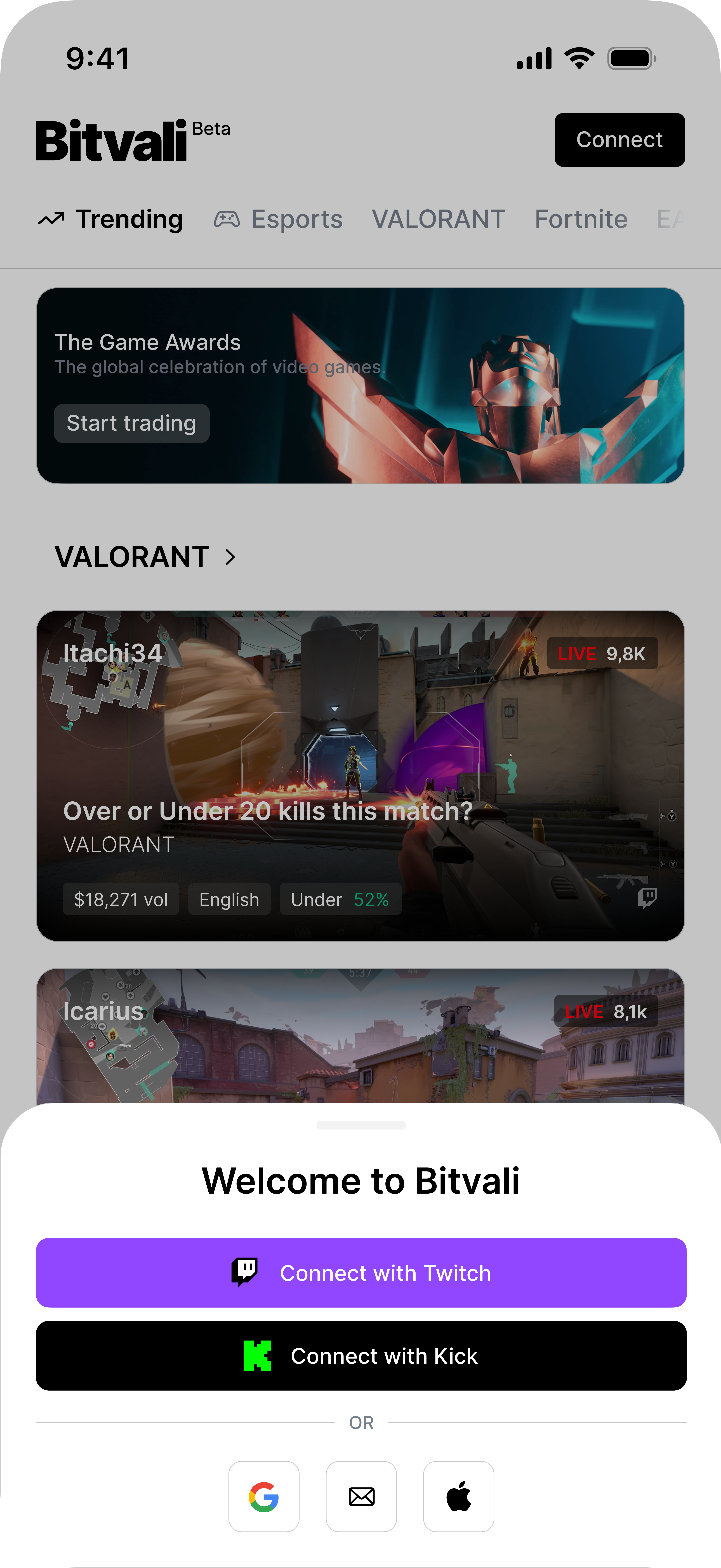 Bitvali mobile — écran 1