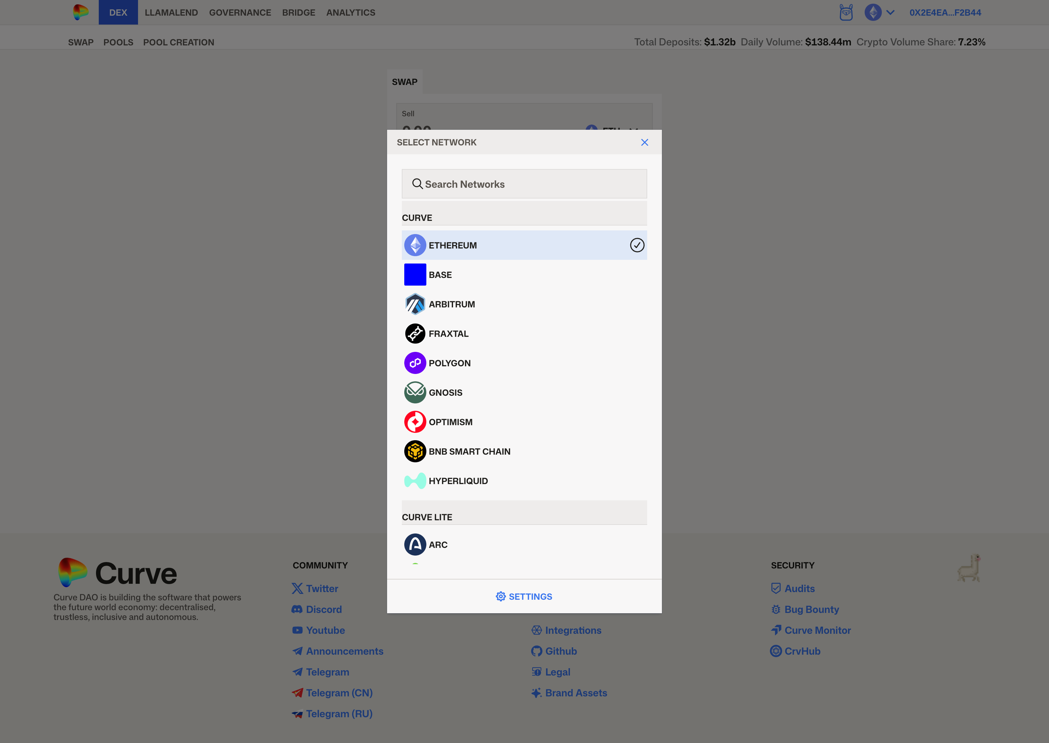 Curve avant redesign — sélection du réseau